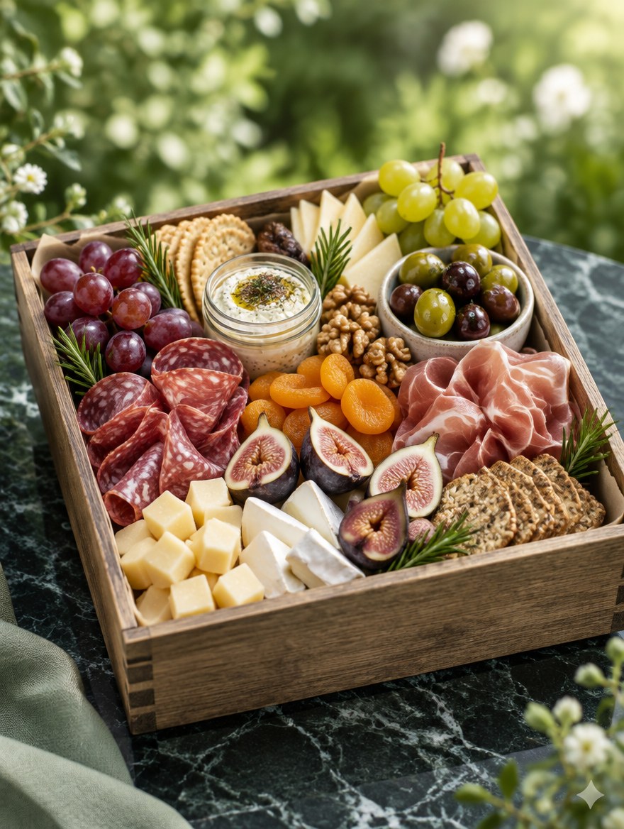 Geschenkbox oder Board, Größe S, KI-generiertes Beispielbild, Serviervorschlag. Zutaten und Anordnung wechseln je nach Saison.