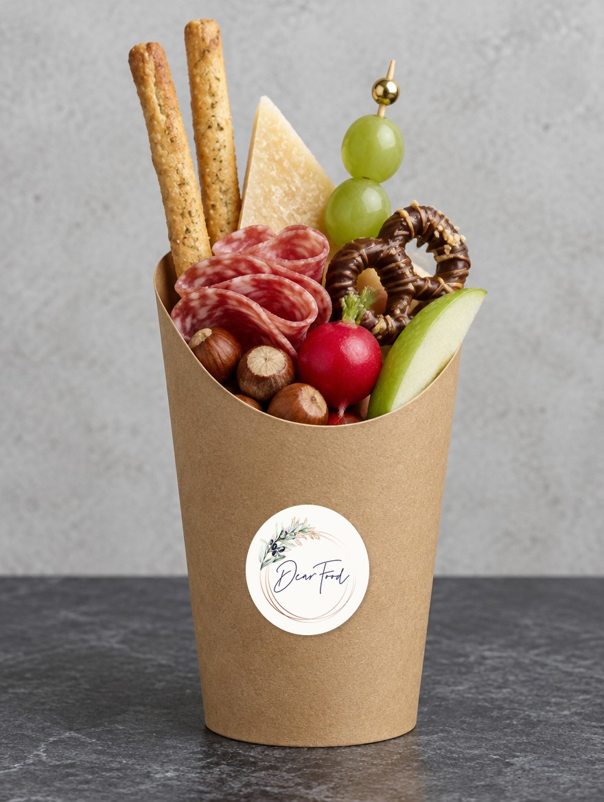 Mini Charcuterie Cups, KI-generiertes Beispielbild, Serviervorschlag. Zutaten und Anordnung wechseln je nach Saison.