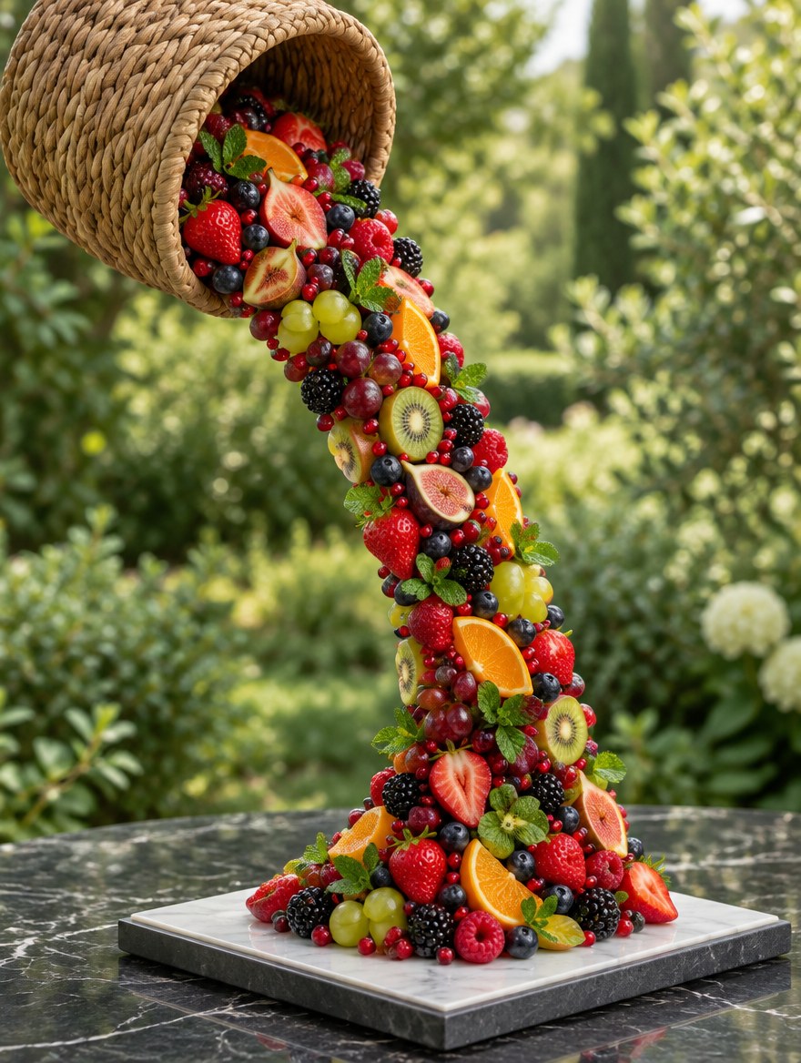 Dear Fruits Wasserfall, für 6 bis 8 Personen, KI-generiertes Beispielbild, Serviervorschlag. Zutaten und Anordnung wechseln je nach Saison.